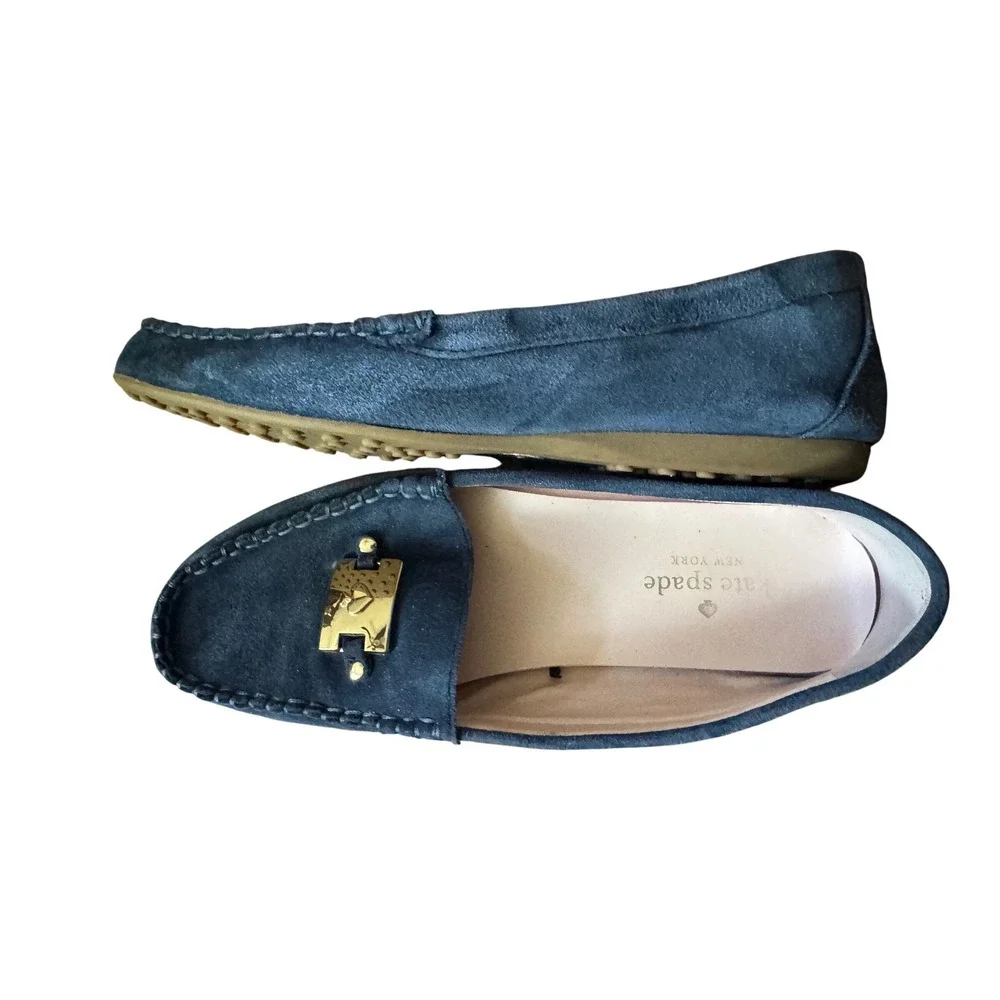 Kate Spade Blue Navy Suede Flat‎ Loafers Driving Mocassins Shoes Gold Hardware 8